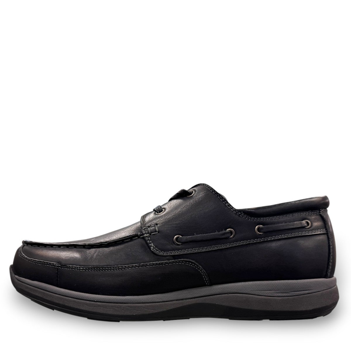 Propet Pomeroy black leather boat shoe with lace-up closure and supportive EVA midsole.
photo of the left side
