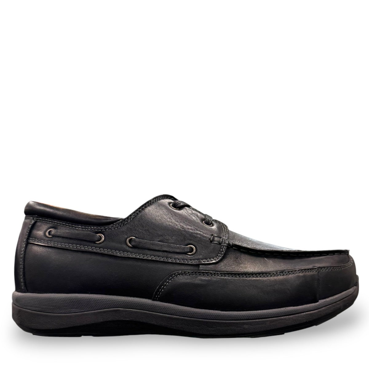 Propet Pomeroy black leather boat shoe with lace-up closure and supportive EVA midsole.
photo of the right side