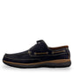 Propet Pomeroy navy suede boat shoe with lace closure, contrast stitching, and cushioned EVA midsole.
photo of the  left side