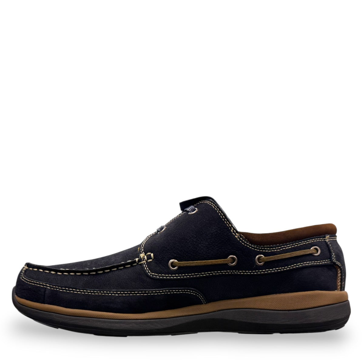 Propet Pomeroy navy suede boat shoe with lace closure, contrast stitching, and cushioned EVA midsole.
photo of the  left side