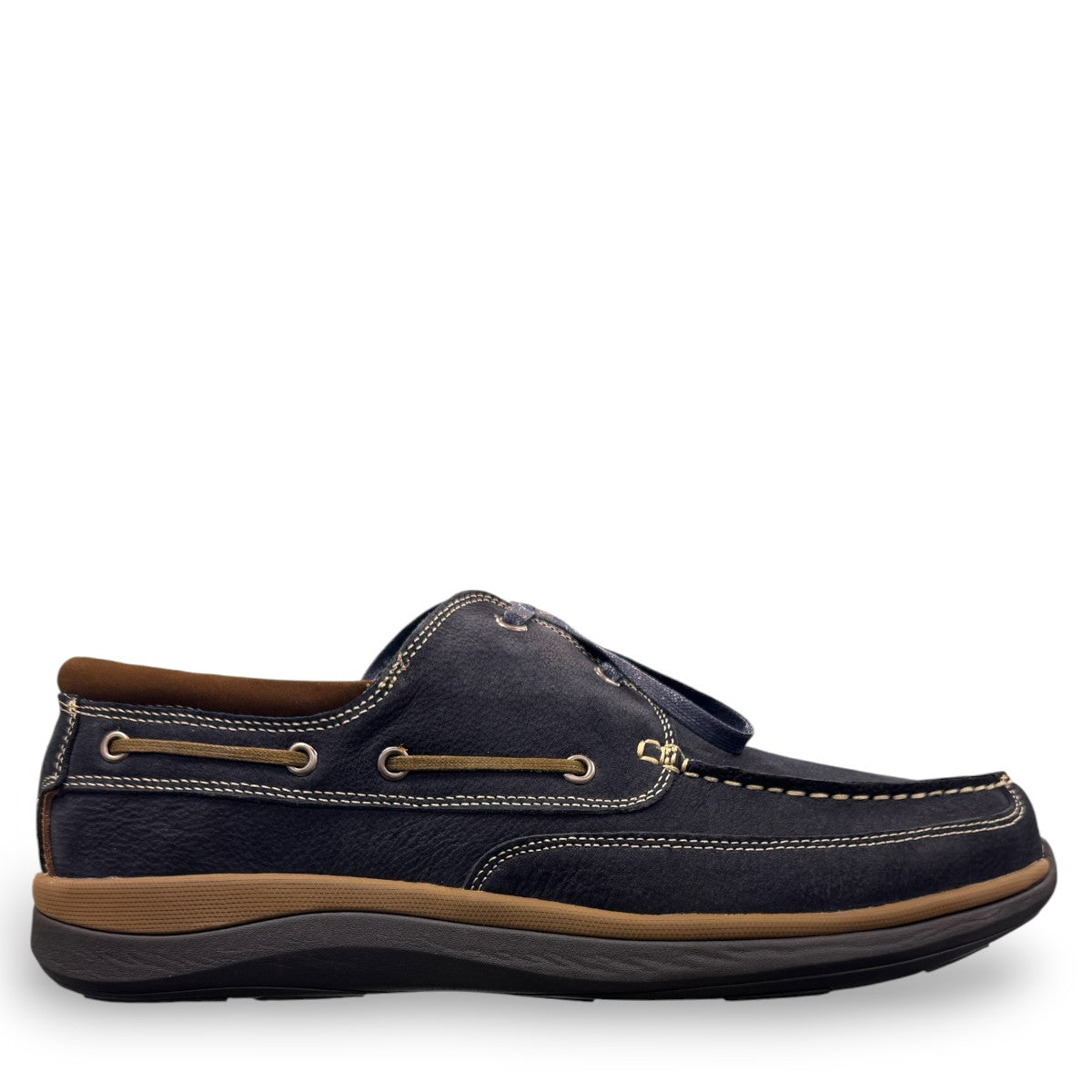 Propet Pomeroy navy suede boat shoe with lace closure, contrast stitching, and cushioned EVA midsole.
photo of the right side