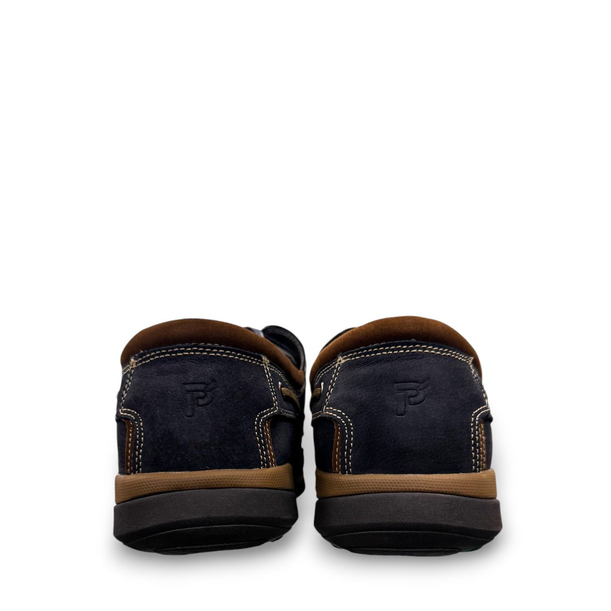Propet Pomeroy navy suede boat shoe with lace closure, contrast stitching, and cushioned EVA midsole.
photo of the back side