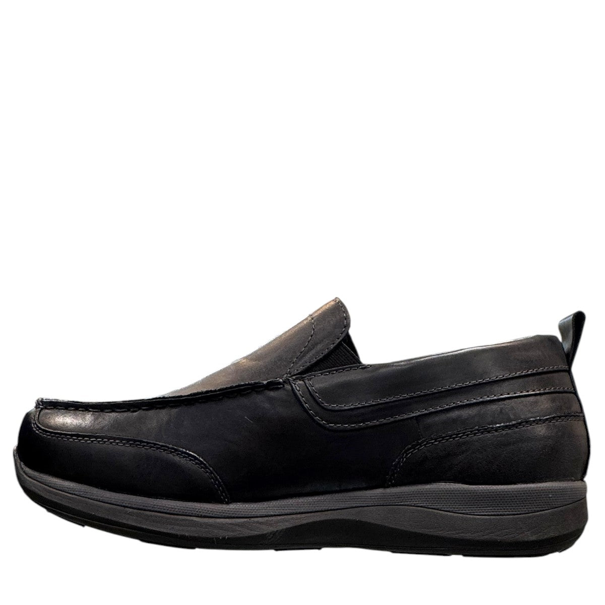 Propet Preston black leather slip-on boat shoe with twin gores and a flexible EVA outsole.
photo of the left side