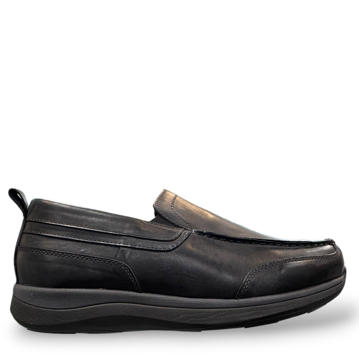 Propet Preston black leather slip-on boat shoe with twin gores and a flexible EVA outsole.
photo of the right side