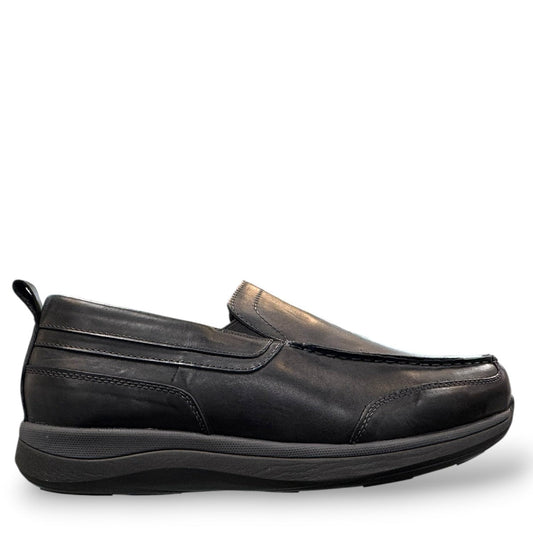 Propet Preston black leather slip-on boat shoe with twin gores and a flexible EVA outsole.
photo of the right side