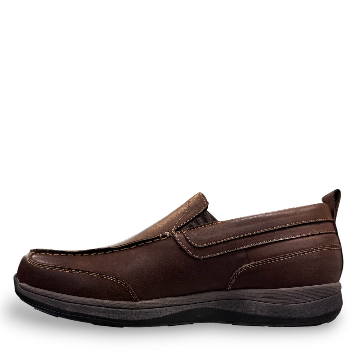 Propet Preston coffee brown leather slip-on boat shoe with twin gore detailing and flexible EVA outsole.
photo of the left side