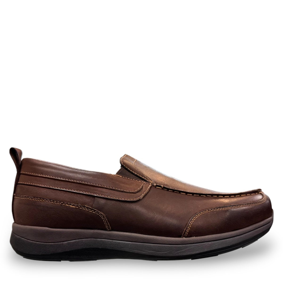 Propet Preston coffee brown leather slip-on boat shoe with twin gore detailing and flexible EVA outsole.
photo of the right side
