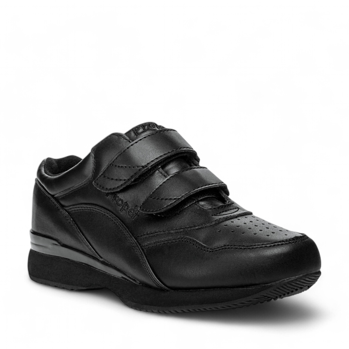 Propet Tour Walker black leather sneaker with dual adjustable hook and loop straps and rubber sole.
photo of the front side