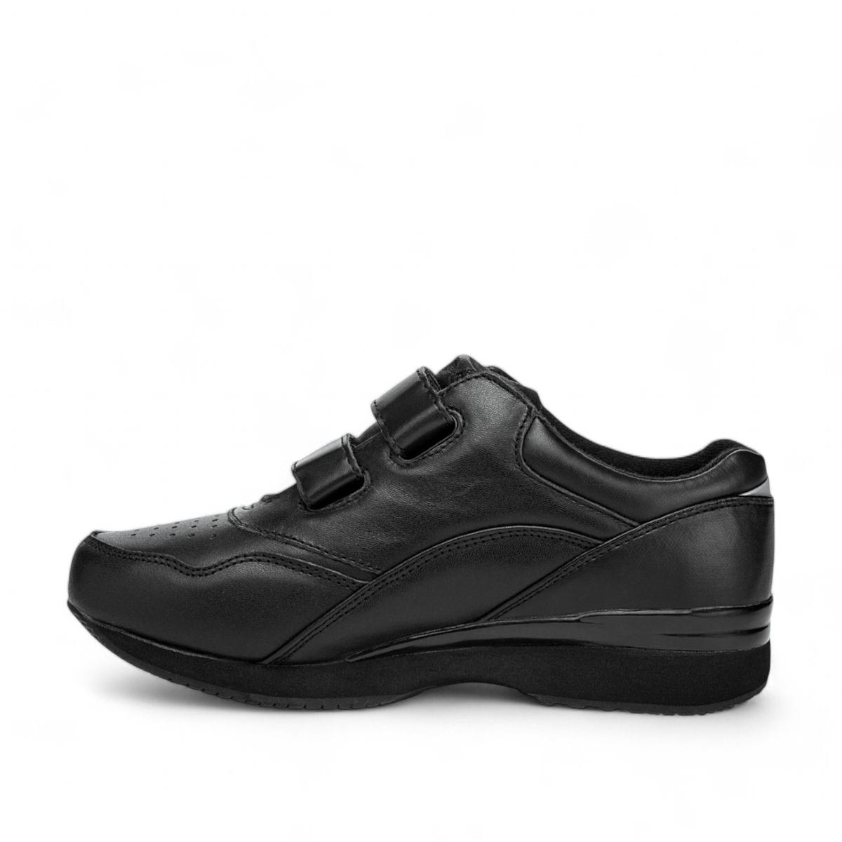 Propet Tour Walker black leather sneaker with dual adjustable hook and loop straps and rubber sole.
photo of the left side