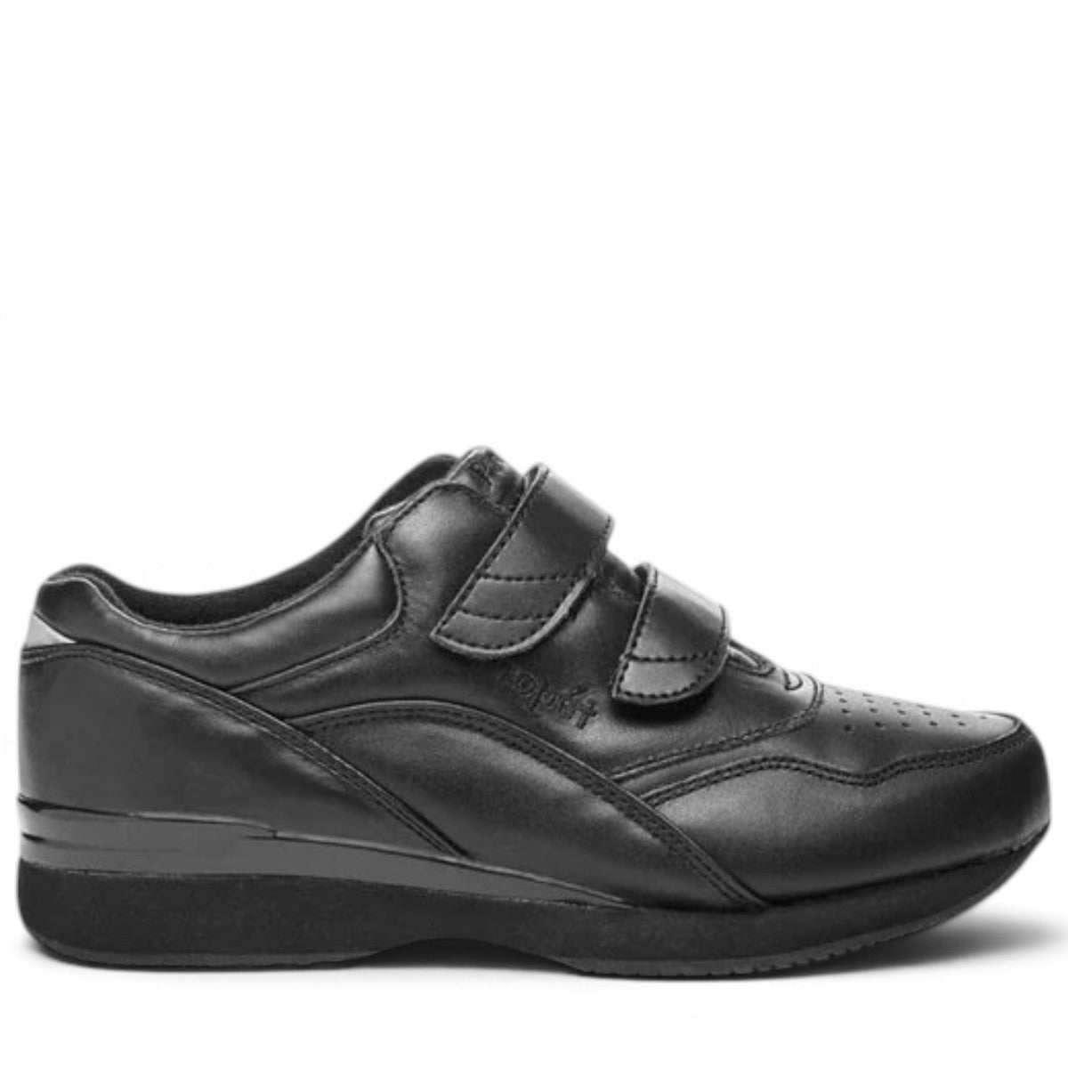 Propet Tour Walker black leather sneaker with dual adjustable hook and loop straps and rubber sole.
photo of the right side