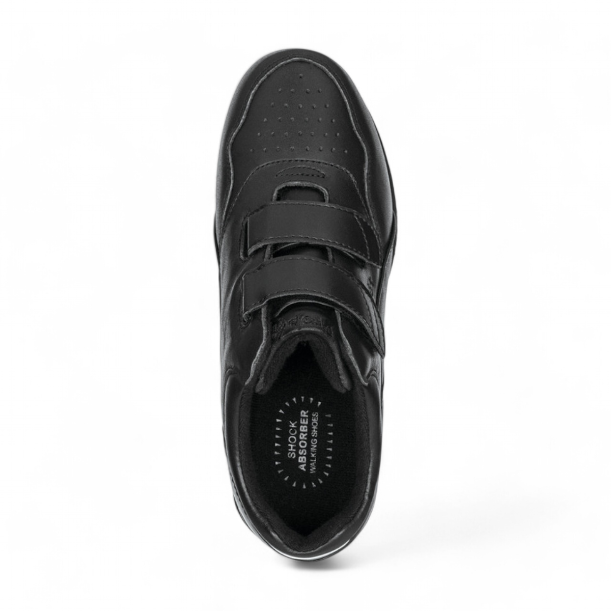 Propet Tour Walker black leather sneaker with dual adjustable hook and loop straps and rubber sole.
photo of the top side