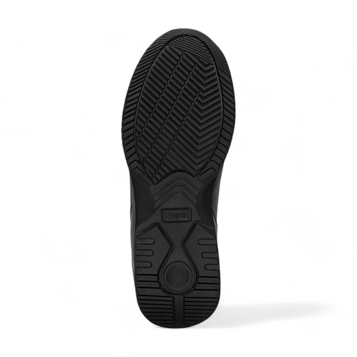 Propet Tour Walker black leather sneaker with dual adjustable hook and loop straps and rubber sole.
photo of the bottom side