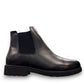 Propet Truman black leather Chelsea boot with elastic side panel and durable lugged TPR outsole.
photo of the right side