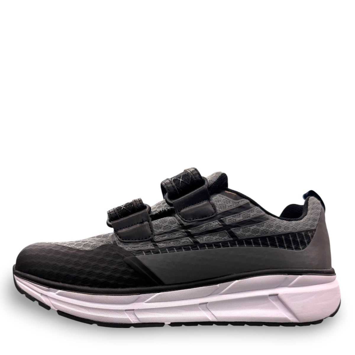 Propet Ultra Strap grey and black athletic shoe with double hook-and-loop closure and knit mesh upper.
photo of the left side