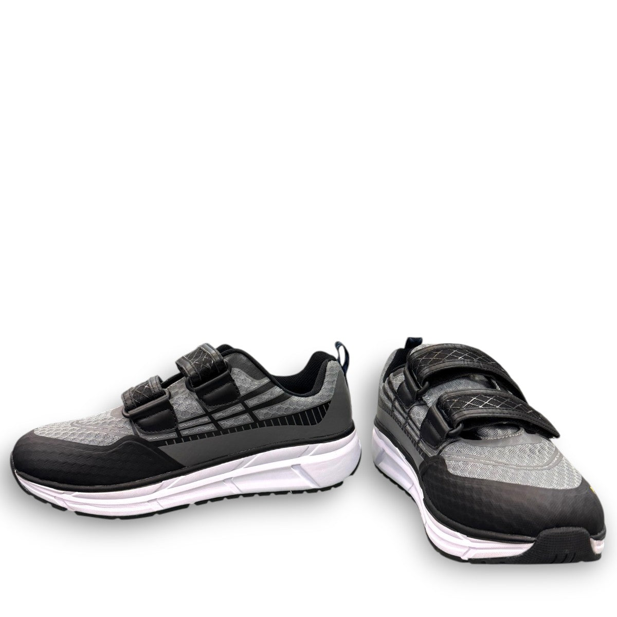 Propet Ultra Strap grey and black athletic shoe with double hook-and-loop closure and knit mesh upper.
photo of the front side
