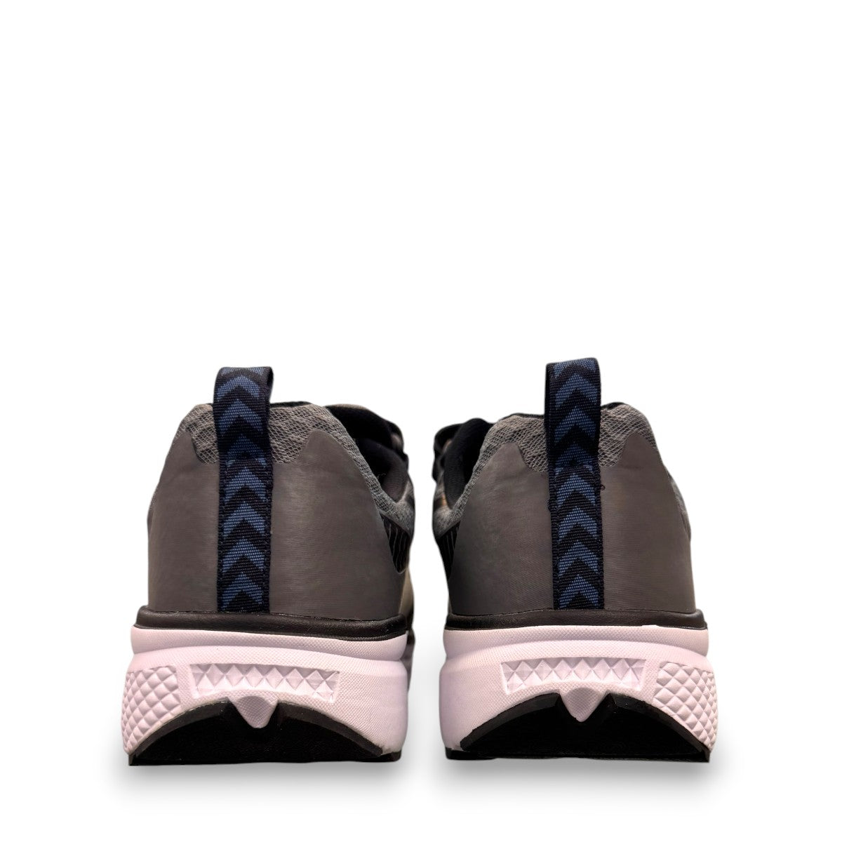 Propet Ultra Strap grey and black athletic shoe with double hook-and-loop closure and knit mesh upper.
photo of the back side