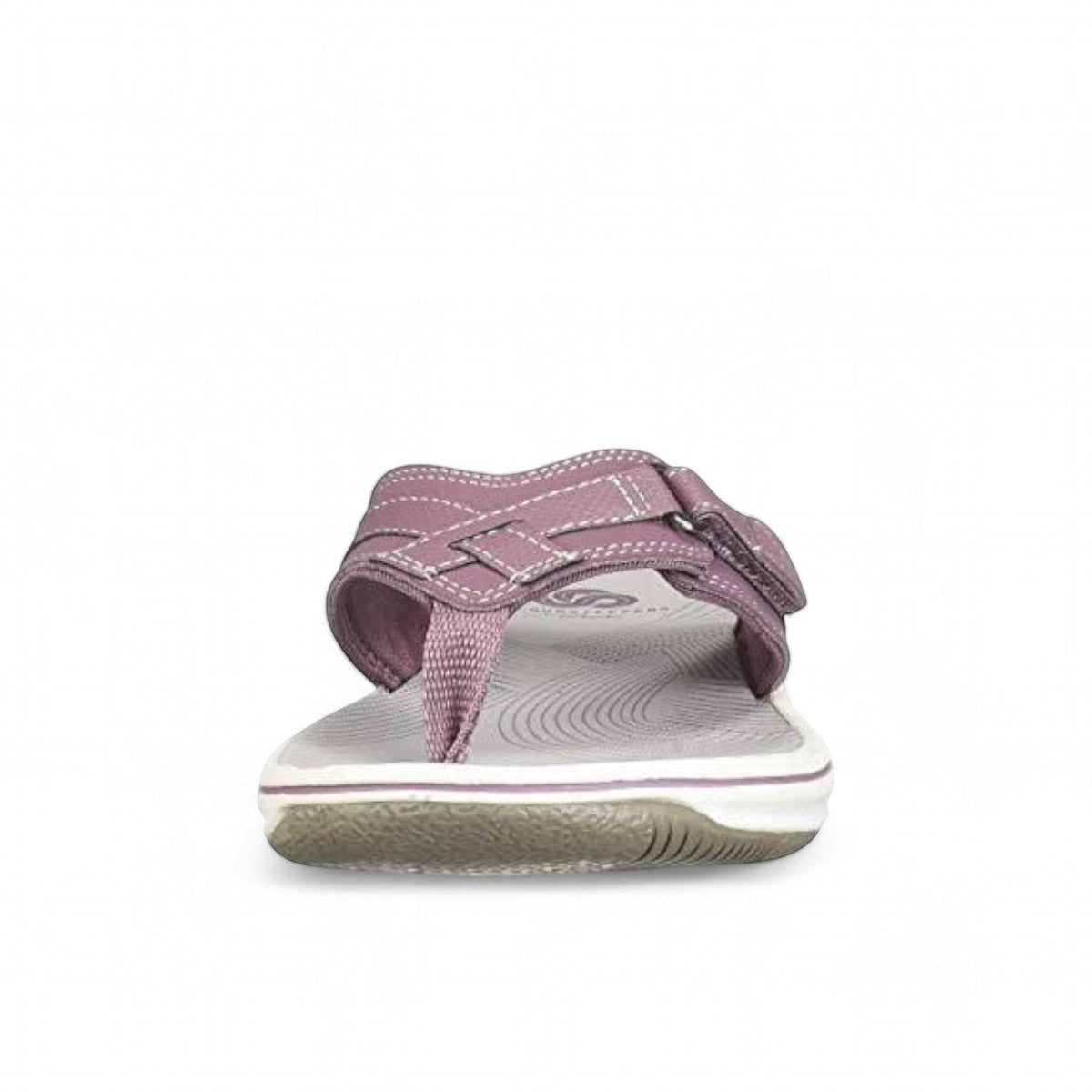 Sina Footwear Clarks Breeze Sea purple flip-flops with a lightweight sole and adjustable strap closure. Photo of the front.