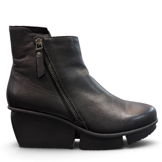 Roamers Athena black leather ankle boots with side zipper and chunky platform wedge heel