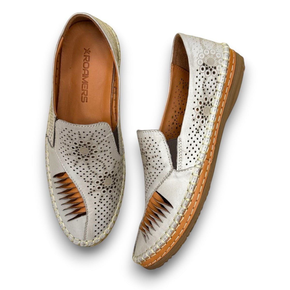 Roamers Atzi silver grey leather flat with intricate cutout details and a comfortable rubber sole.
photo of the top side