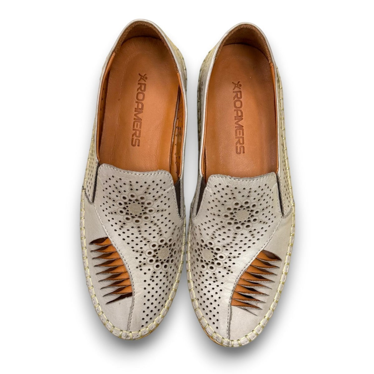 Roamers Atzi silver grey leather flat with intricate cutout details and a comfortable rubber sole.
photo of the top side