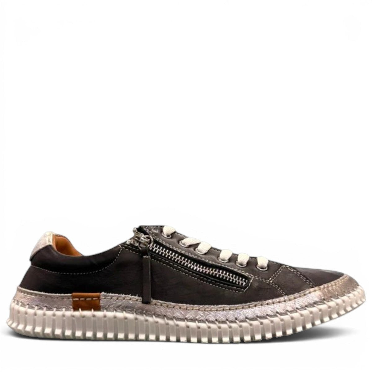 Roamers Audrey black leather sneaker with silver metallic trim, side zipper, and white rubber outsole.
photo of the right side
