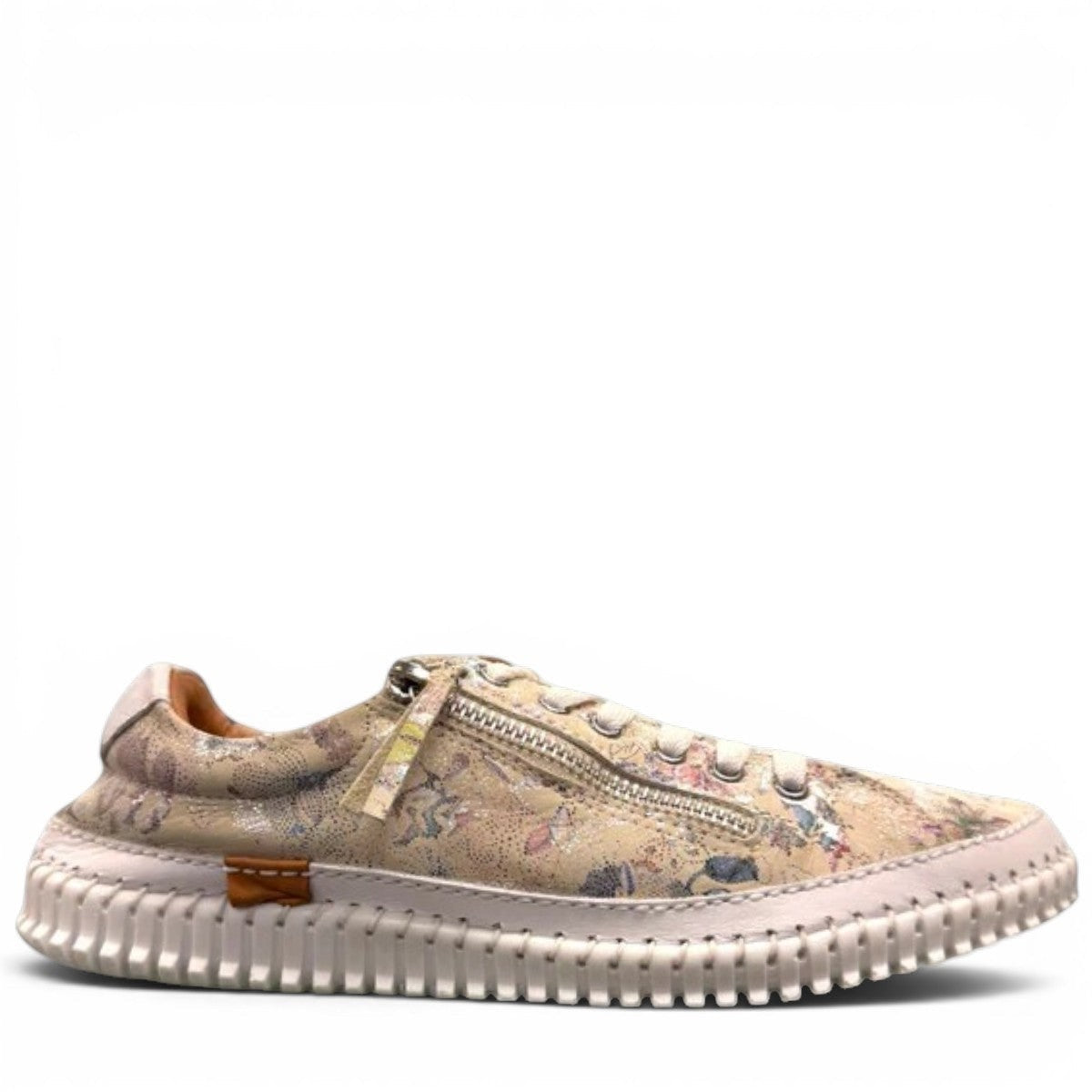 Roamers Audrey taupe leather sneaker with floral pattern, side zipper, and white rubber outsole.
photo of the right side
