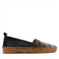 Roamers Avery black leather flat with decorative whipstitch detailing and a durable rubber sole.
photo of the right side