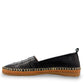Roamers Avery black leather flat with decorative whipstitch detailing and a durable rubber sole.
photo of the left side