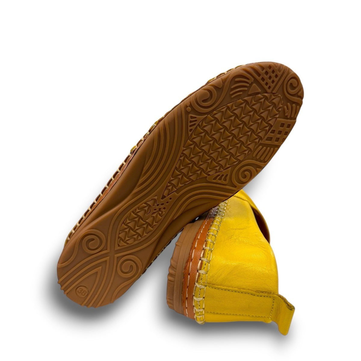 Roamers Avery yellow leather flat with cutout details and stitched rubber sole, side view.
photo of the bottem side