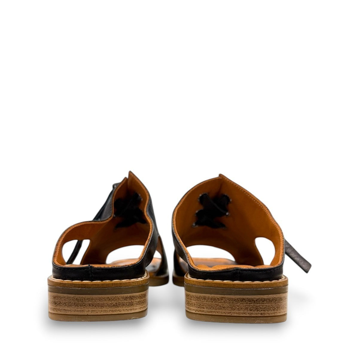 Roamers Whitney black leather backless sandal with lace-up detail and low rubber heel.
photo of the back side
