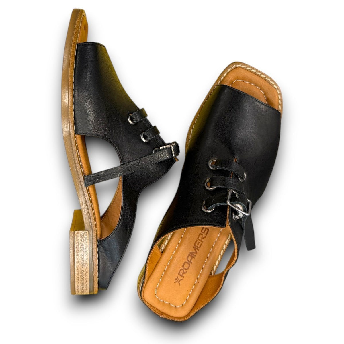 Roamers Whitney black leather backless sandal with lace-up detail and low rubber heel.
photo of the top side