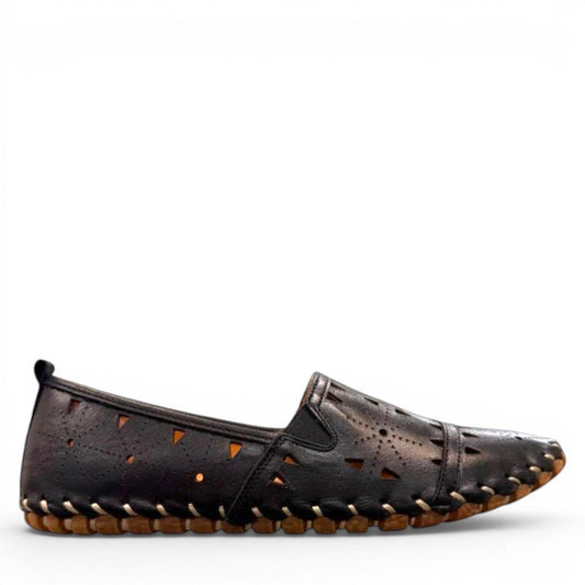 roamers black leather slip-on loafer with geometric laser cutouts, artisan stitching, and flexible rubber sole.
photo of the right side