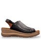 Roamers Ellsie black leather sling-back wedge sandal with elastic strap and textured platform sole.
photo of the right side