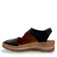 Roamers Ellsie black leather sling-back wedge sandal with elastic strap and textured platform sole.
photo of the left side