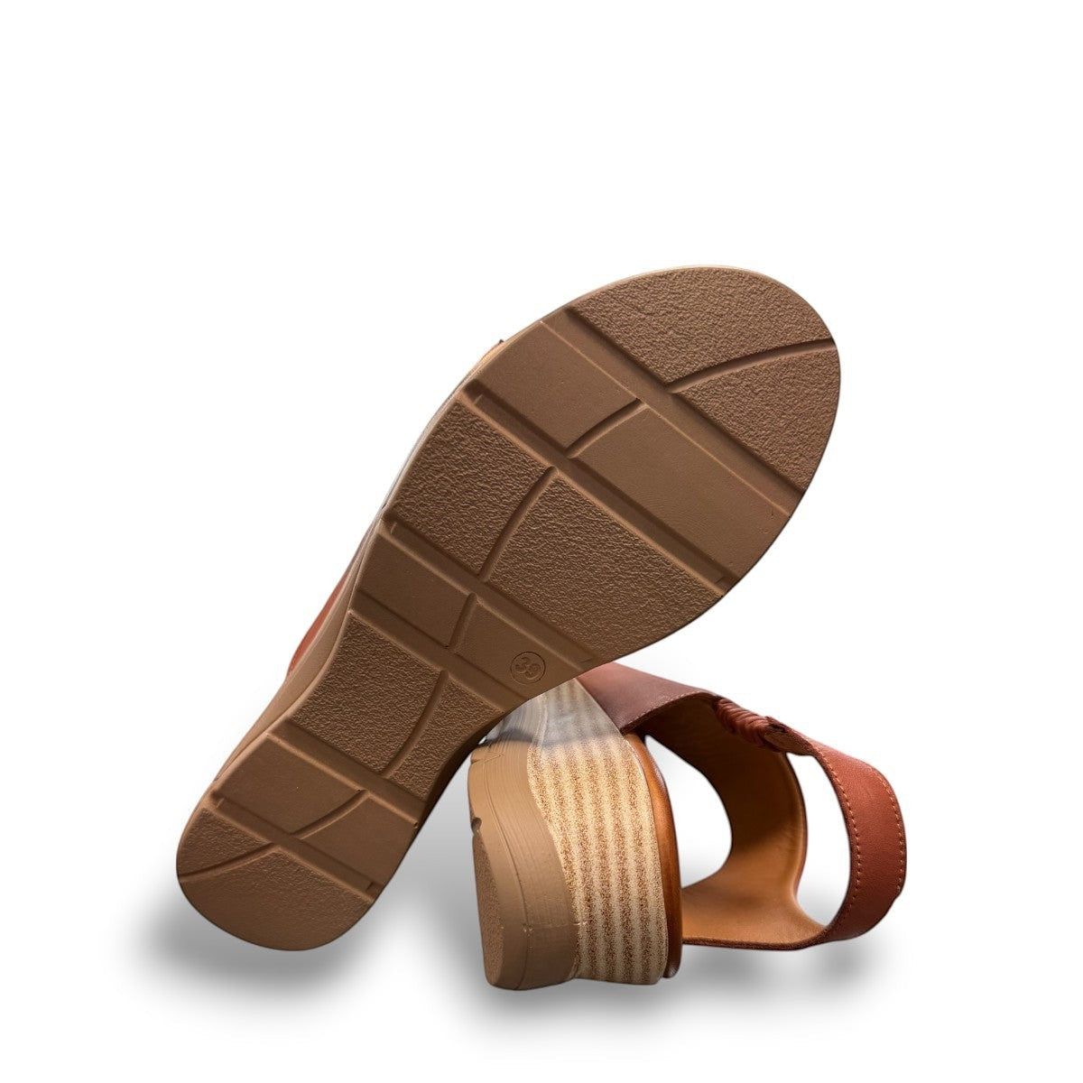 Roamers Ellsie mahogany leather sling-back wedge sandals with elastic strap and platform sole
photo of the bottom side