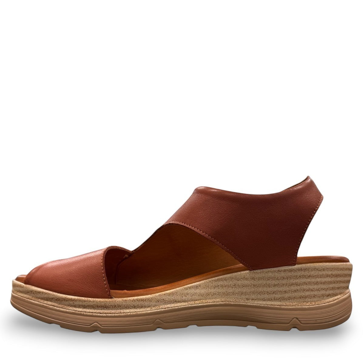 Roamers Ellsie mahogany leather sling-back wedge sandals with elastic strap and platform sole
photo of the left side
