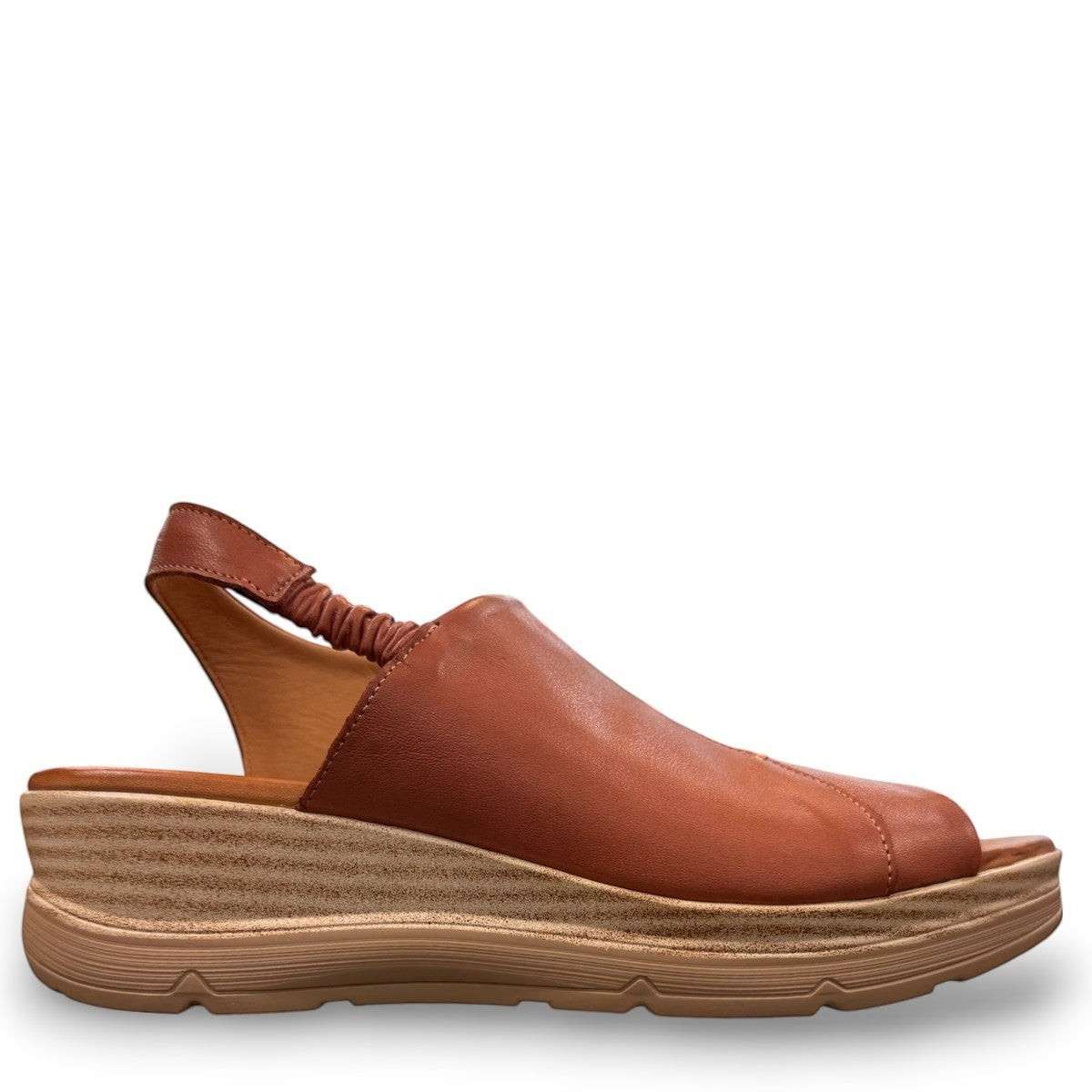 Roamers Ellsie mahogany leather sling-back wedge sandals with elastic strap and platform sole
photo of the right side