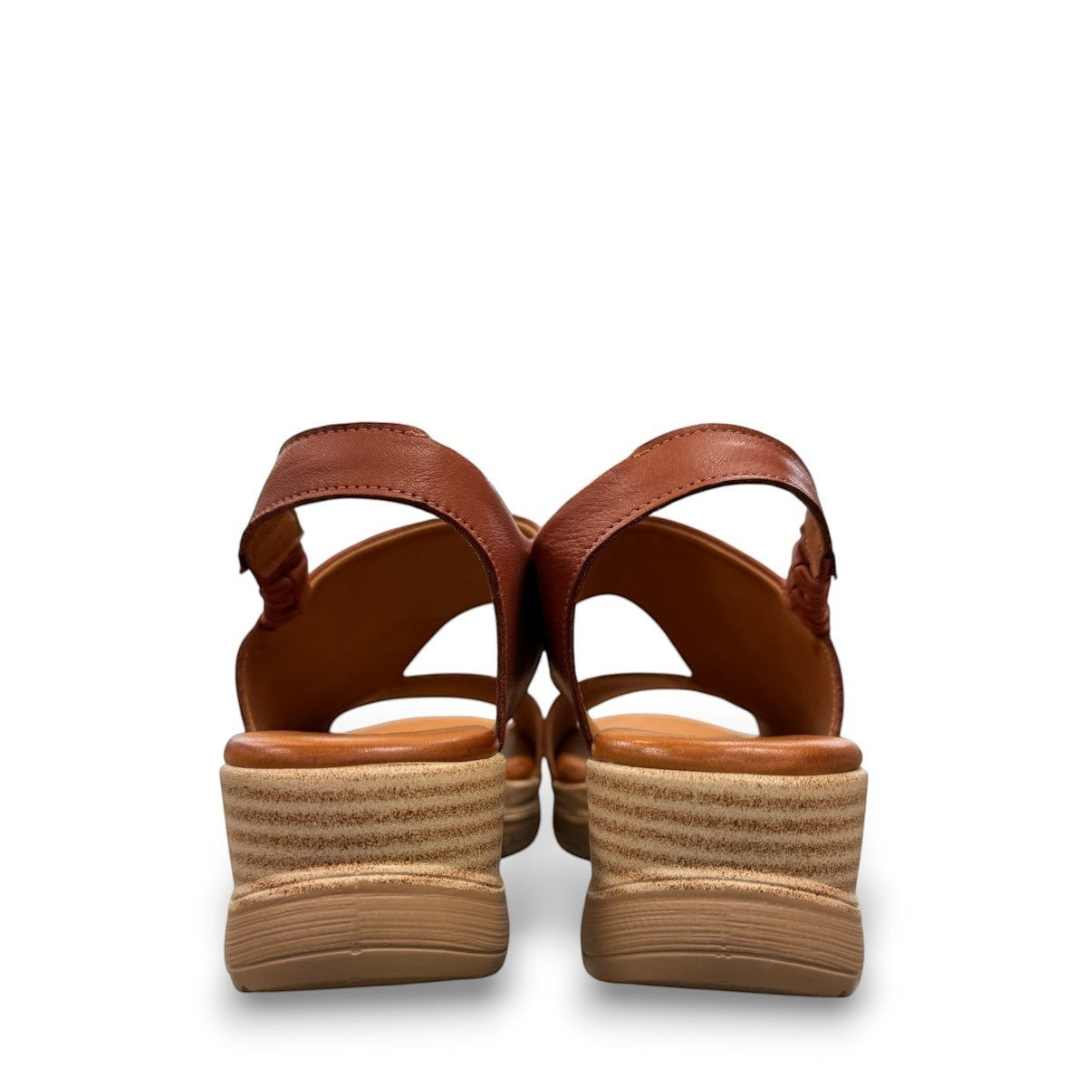 Roamers Ellsie mahogany leather sling-back wedge sandals with elastic strap and platform sole
photo of the back side