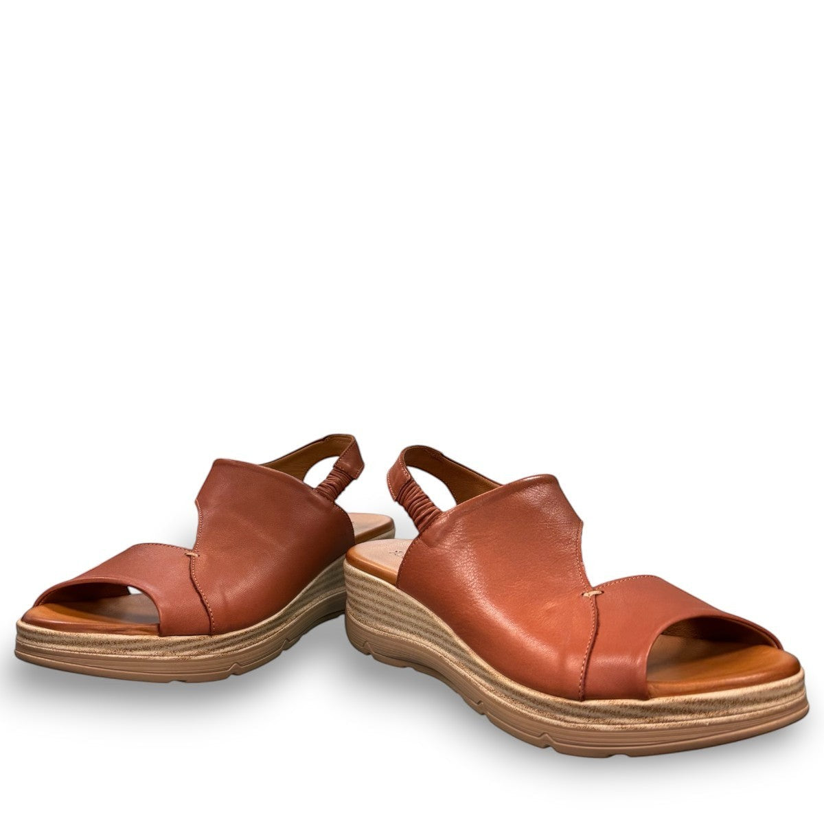 Roamers Ellsie mahogany leather sling-back wedge sandals with elastic strap and platform sole
photo of the front side