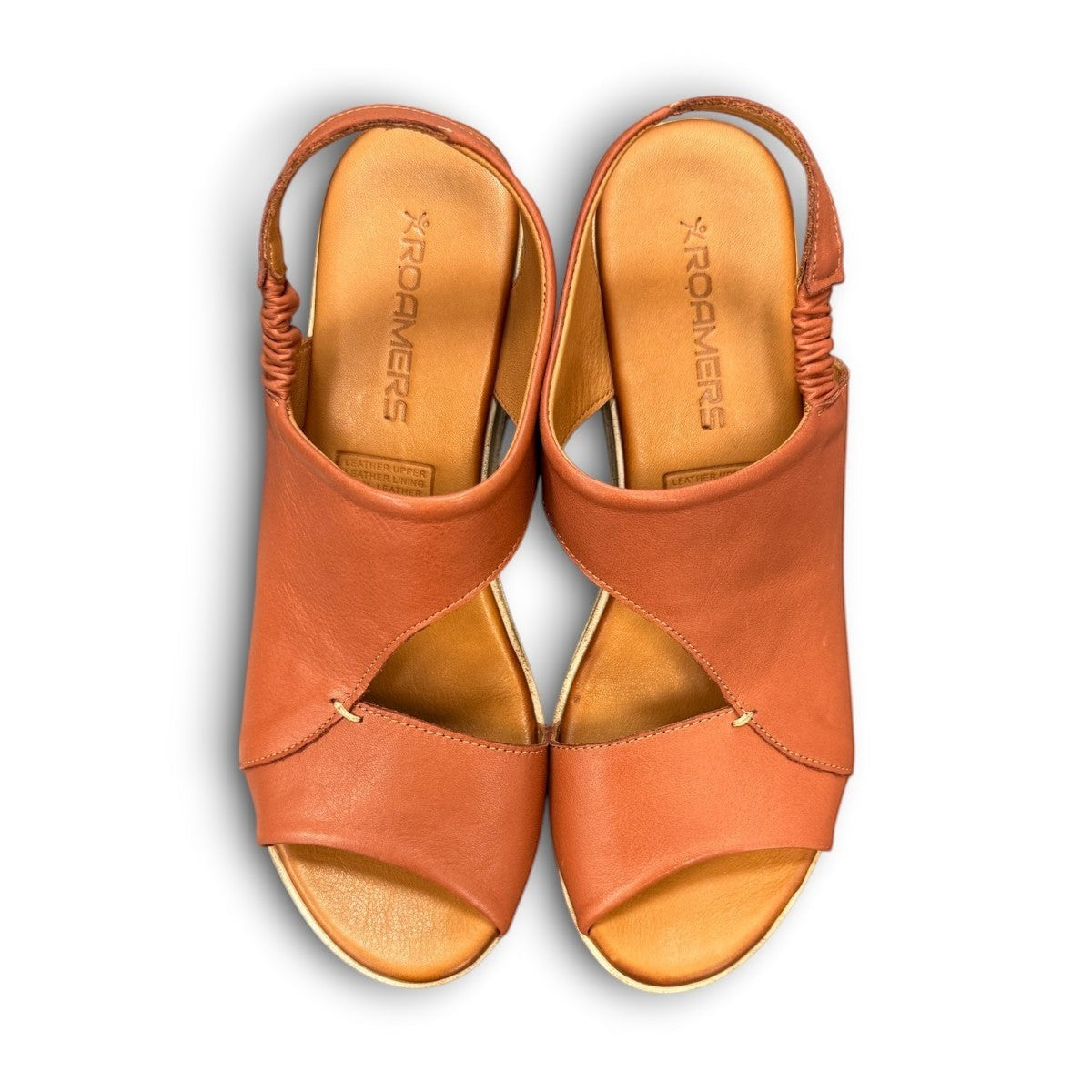 Roamers Ellsie mahogany leather sling-back wedge sandals with elastic strap and platform sole
photo of the top side