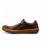 Roamers Enid brown leather slip-on shoes with contrast stitching and a textured rubber sole.
photo of the left side