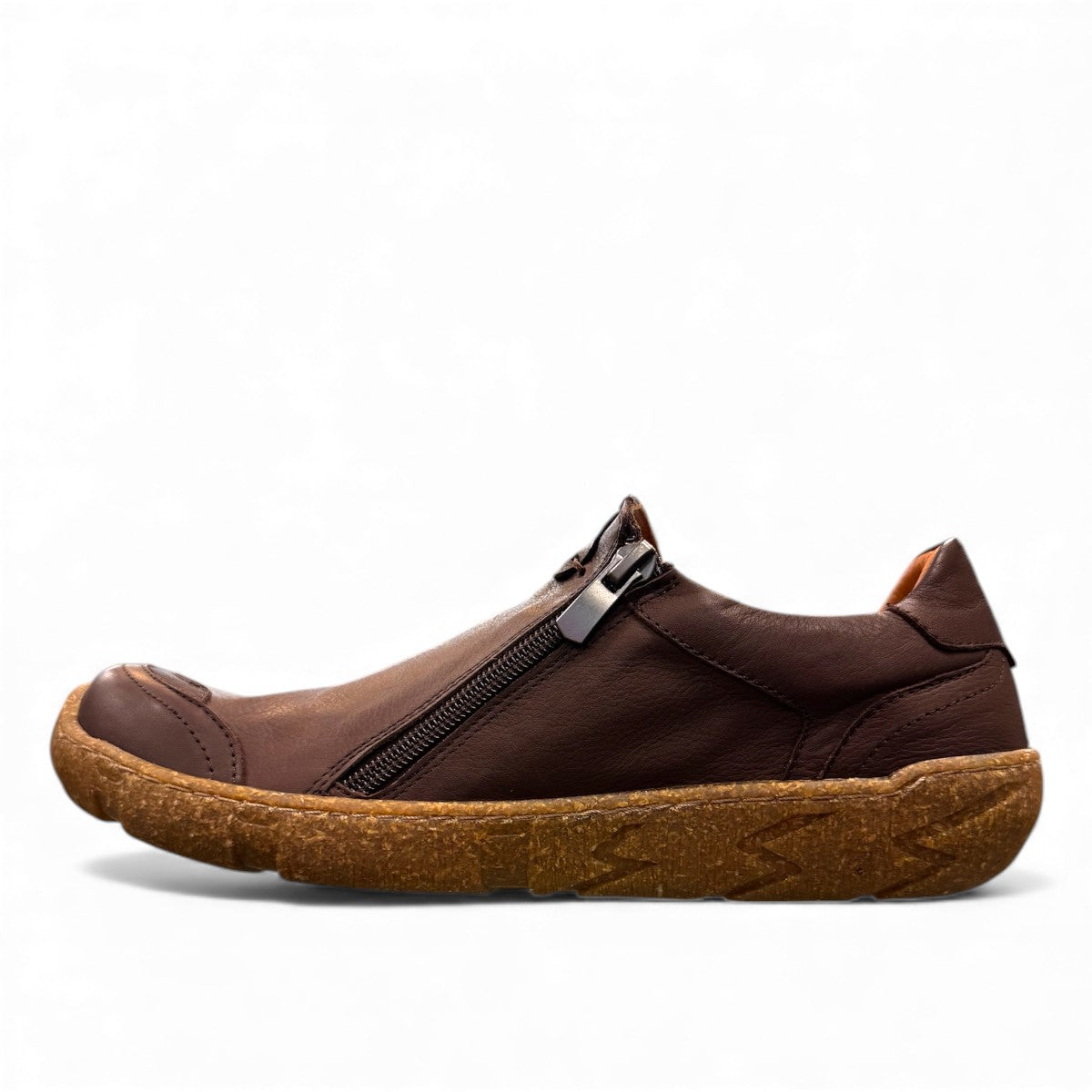 Roamers Enid brown leather slip-on shoes with contrast stitching and a textured rubber sole.
photo of the left side