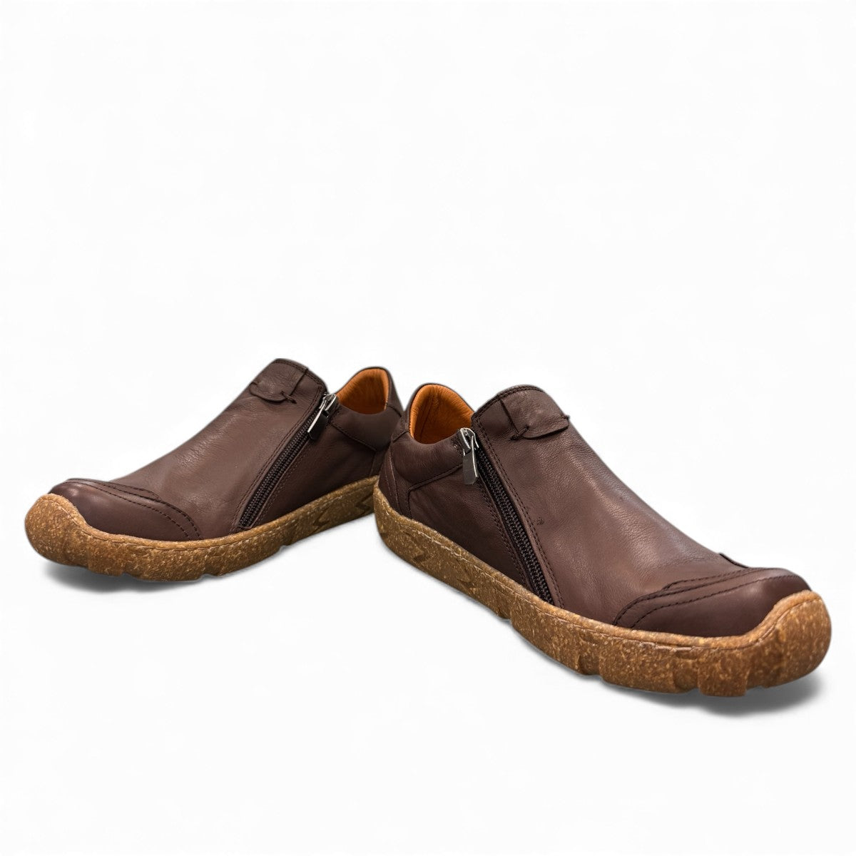Roamers Enid brown leather slip-on shoes with contrast stitching and a textured rubber sole.
photo of the front side