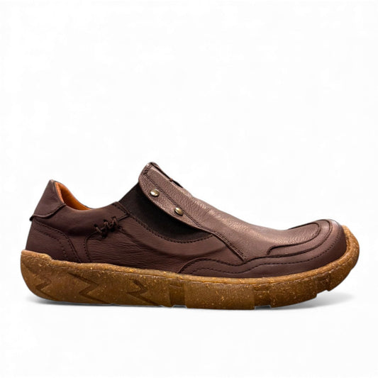 Roamers Enid brown leather slip-on shoes with contrast stitching and a textured rubber sole.
photo of the right side