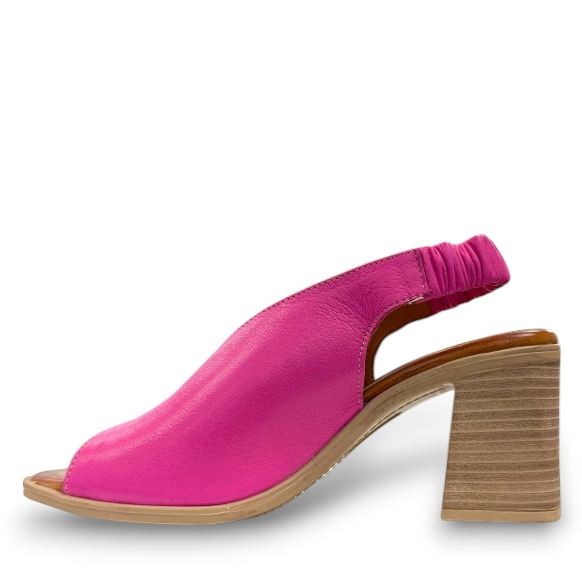 Roamers Qiana fuchsia leather slingback sandals with a 3-inch block heel and elasticated back strap.
photo of the left side