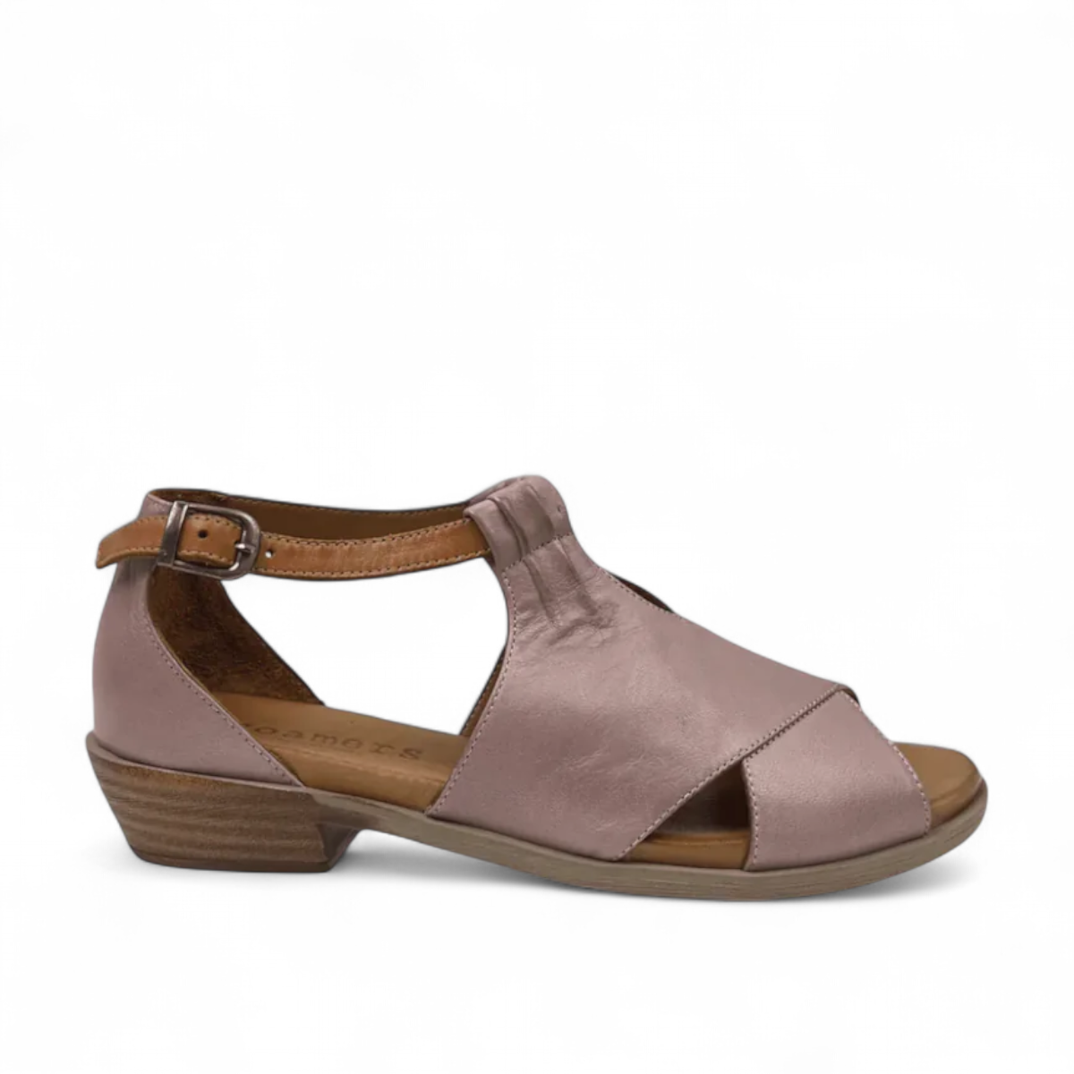 Roamers Joy lavender leather sandals with a tan ankle strap and low block heel.
photo of the right side