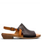 Roamers Jude low heel sandal in black and tan leather with a side buckle and open toe design.
photo of the right side