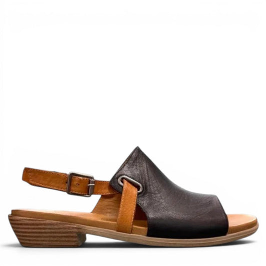 Roamers Jude low heel sandal in black and tan leather with a side buckle and open toe design.
photo of the right side