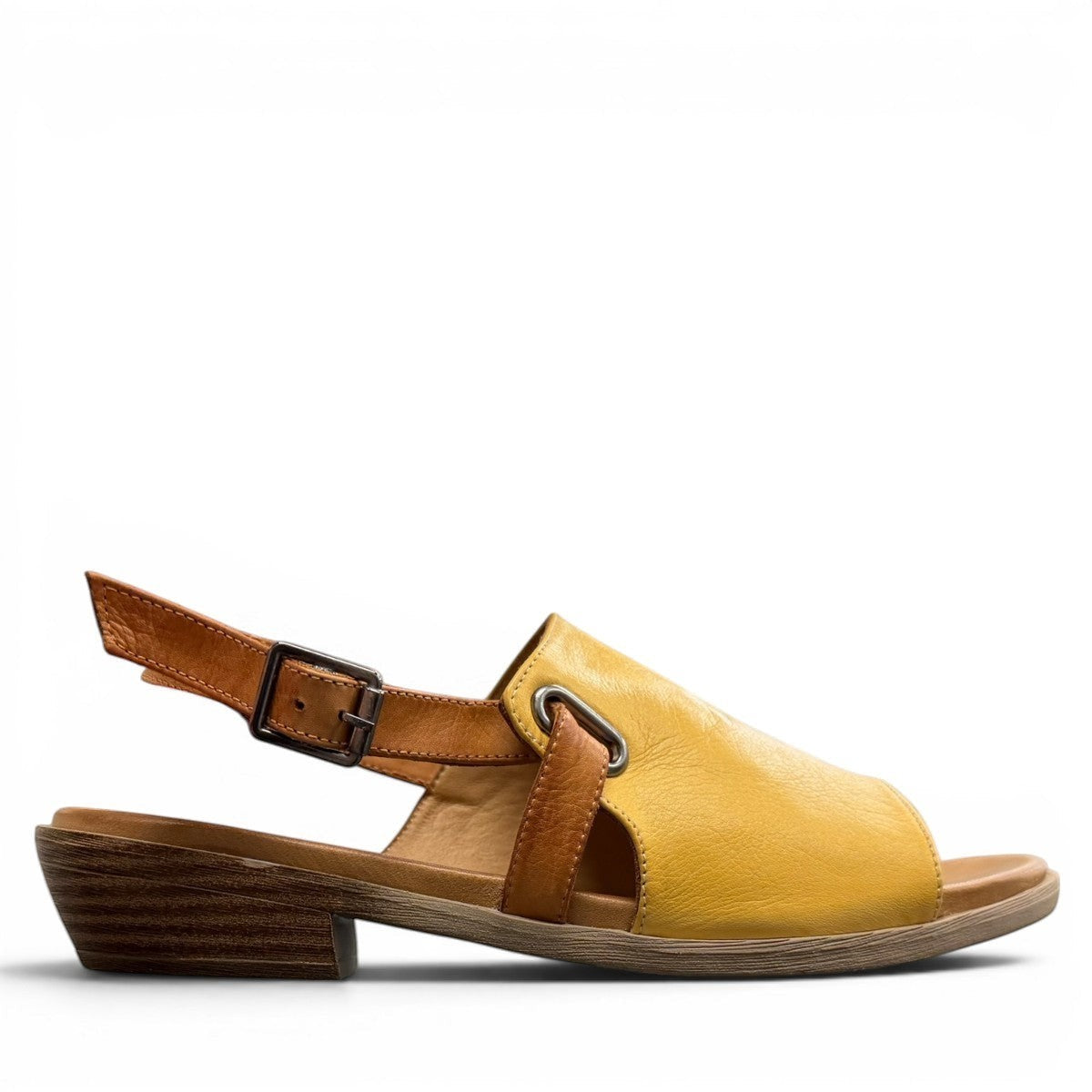 Roamers Jude low heel sandal in yellow and brown leather with a side buckle strap.
photo of the right side