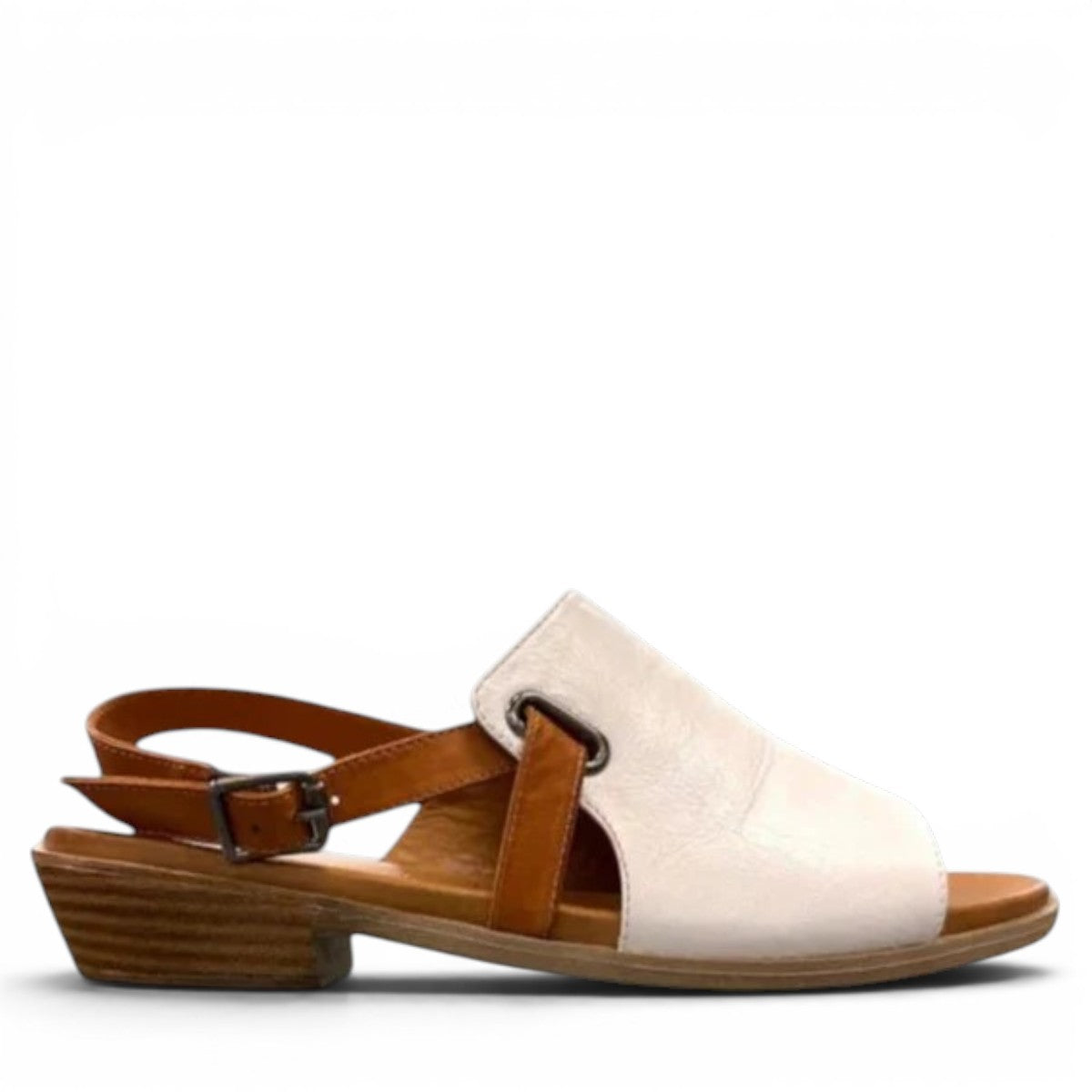 roamers Jude low heel sandal in white coconut leather with a brown side buckle strap and stacked heel.
photo of the right side